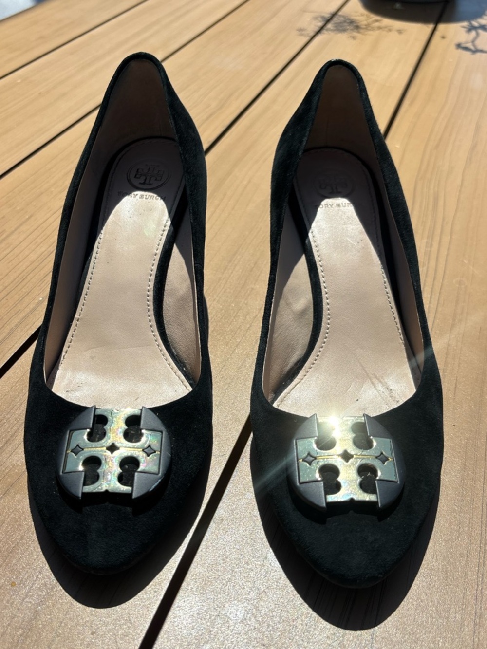 Tory Burch Black Suede Wedges with Gold Logo Accent